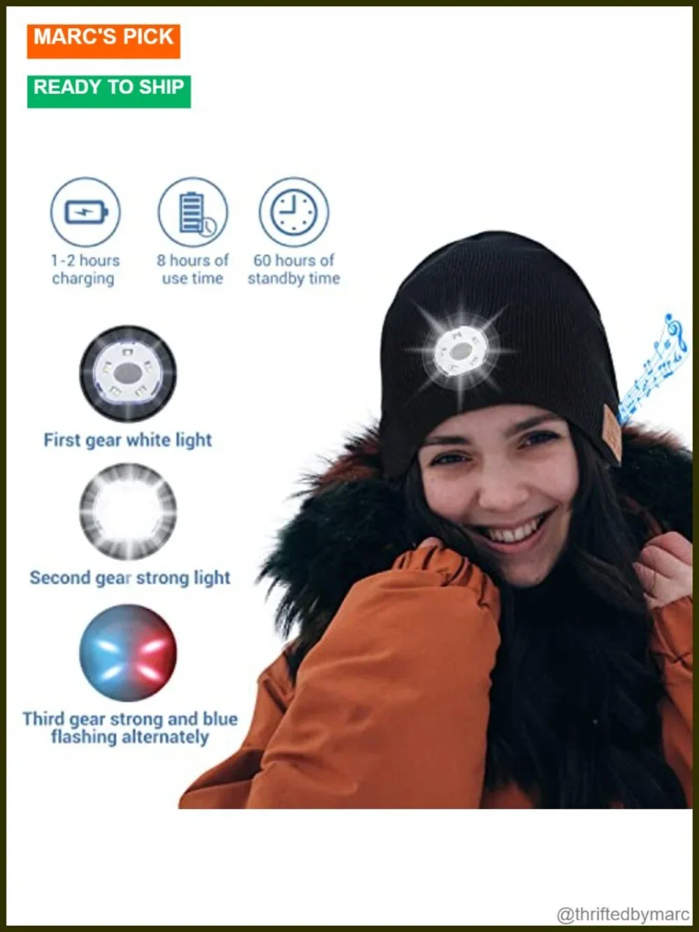 Bluetooth Beanie with Light, HD Stereo Sound, USB Rechargeable Headlamp for
